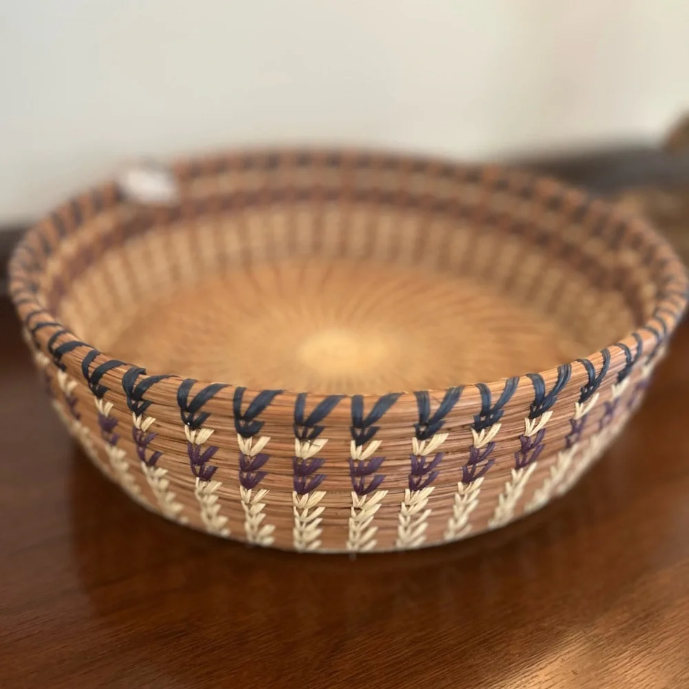 NWT Handcrafted Woven Basket in Natural and Navy Storage Farmhouse Cottage Decor